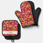 イチゴとレモンの新鮮なフルーツパターン 鍋つかみ&鍋敷きセット (正面/裏面)