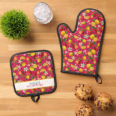 イチゴとレモンの新鮮なフルーツパターン 鍋つかみ&鍋敷きセット (トップダウン)