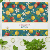 イチゴとレモンの植物模様 キッチンタオル (折り畳み)