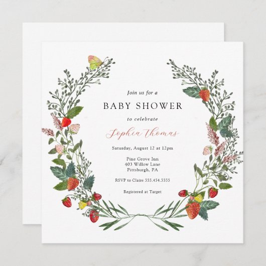 イチゴとワイルドフラワーベビーシャワー 招待状 (正面/裏面)