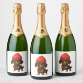 イチゴと帽子をかぶったダックスフンドの面白いデザイン フルーティー スパークリングワインラベル (ボトル)