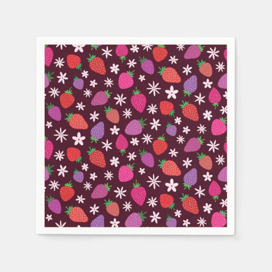 イチゴと白い花柄 スタンダードカクテルナプキン (正面)