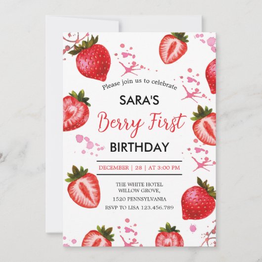 イチゴと白のパーティー女の子のための最初の誕生日 招待状 (正面)