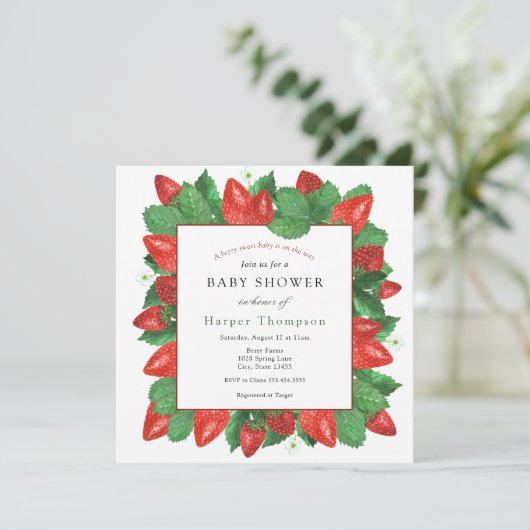 イチゴと緑の赤ちゃんシャワー 招待状 (スタンド正面)