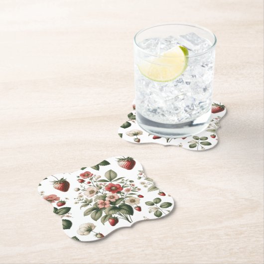 イチゴと花の模様の上にベリーの甘さ ペーパーコースター (インサイチュ)