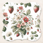 イチゴと花の模様の上にベリーの甘さ ペーパーコースター (正面)