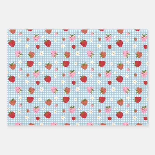 イチゴと花の継ぎ目なし模様 ラッピングペーパーシート (正面)