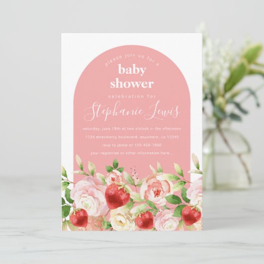 イチゴと花女の子ベビーシャワー招待状 招待状 (スタンド正面)