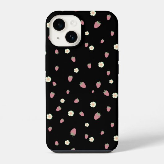 イチゴと花 ブラックパターン iPhoneケース (裏面)