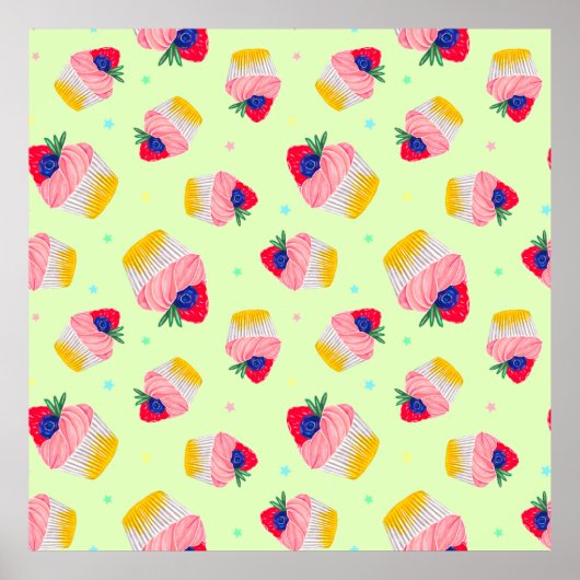 イチゴのカップケーキとシームレスなパターン ポスター (正面)