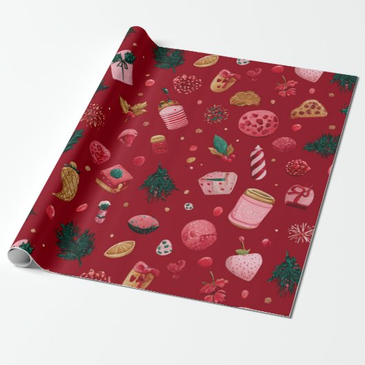 イチゴのクリスマスお菓子パターン ラッピングペーパー (アンロールド)