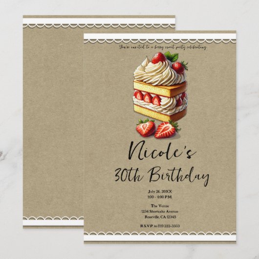 イチゴのショートケーキの誕生日パーティー 招待状 (正面/裏面)