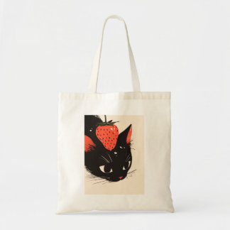 イチゴのトートバッグが入ったかわいい黒猫 トートバッグ