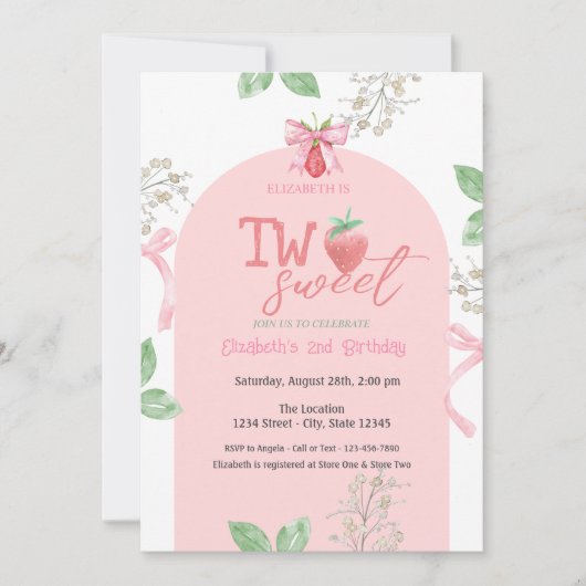 イチゴのピンクボウ2つの甘い2番目の誕生日 招待状 (正面)