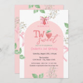 イチゴのピンクボウ2つの甘い2番目の誕生日 招待状 (正面/裏面)