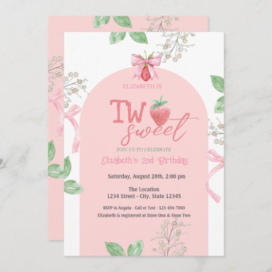 イチゴのピンクボウ2つの甘い2番目の誕生日 招待状 (正面/裏面)
