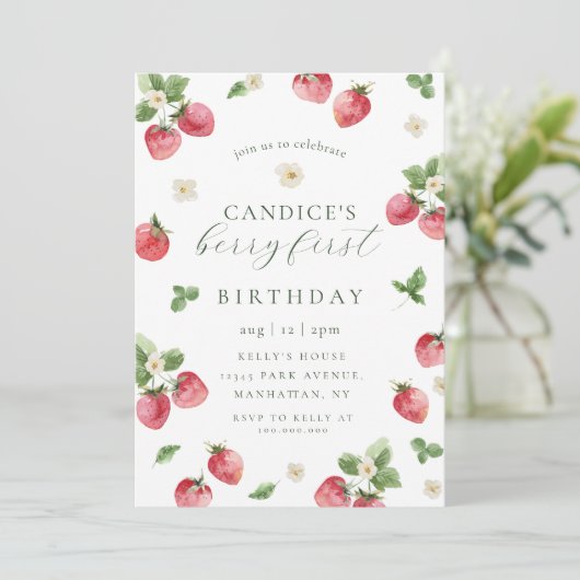 イチゴのベリーの最初の誕生日の招待状 招待状 (スタンド正面)