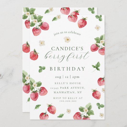 イチゴのベリーの最初の誕生日の招待状 招待状 (正面/裏面)