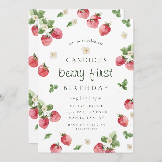 イチゴのベリーの最初の誕生日の招待状 招待状 (正面/裏面)