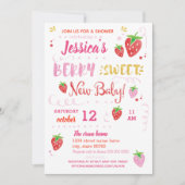 イチゴのベリー甘い赤ちゃんシャワー水色 招待状 (正面)