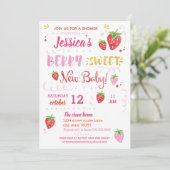 イチゴのベリー甘い赤ちゃんシャワー水色 招待状 (スタンド正面)