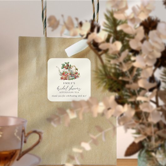 イチゴの午後のティーブライダルシャワーのお礼 スクエアシール