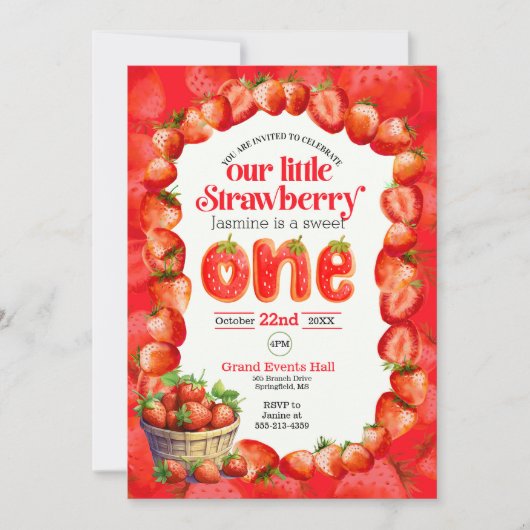 イチゴの最初の誕生日の招待状 カード (正面)