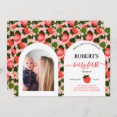 イチゴの最初の誕生日パーソナライズされた写真 招待状 (正面/裏面)