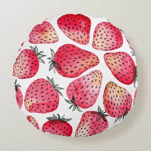 イチゴの水彩と墨 ラウンドクッション (正面)