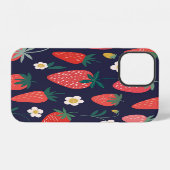 イチゴの花と実:装飾的なパターン iPhoneケース (裏面横)