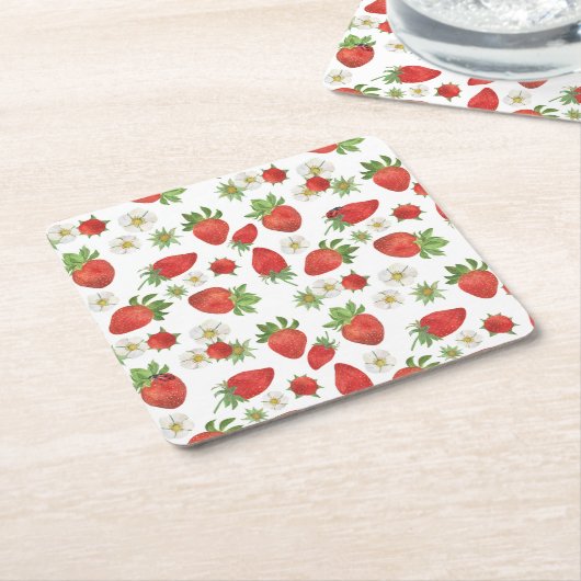 イチゴの花:水彩シームレスアート スクエアペーパーコースター (アングル)