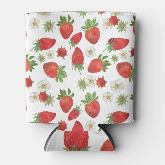 イチゴの花：水彩シームレスアート 缶クーラー (正面)