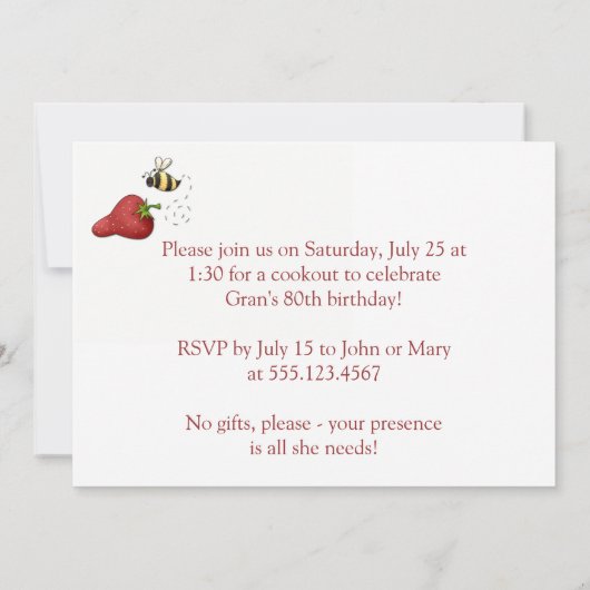 イチゴの誕生日パーティーの招待 招待状 (裏面)