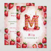 イチゴの誕生日招待状レターMケーキテーマ 招待状 (正面/裏面)