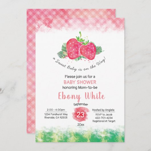 イチゴの赤ちゃんシャワーの招待状 招待状 (正面/裏面)