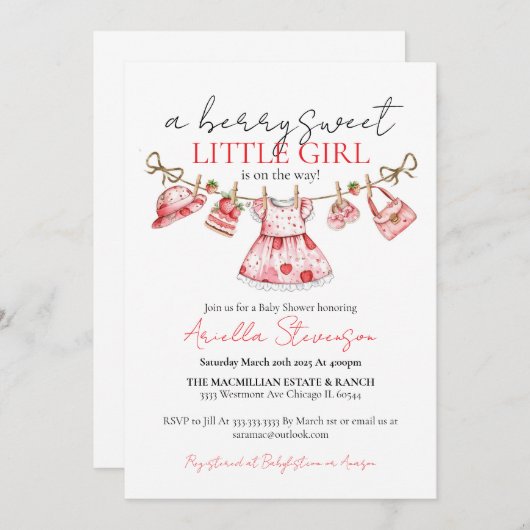 イチゴの赤ちゃんシャワー、ベリー甘い赤ちゃんシャワー 招待状 (正面/裏面)
