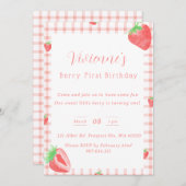 イチゴをテーマにした最初の誕生日パーティーの招待状 招待状 (正面/裏面)