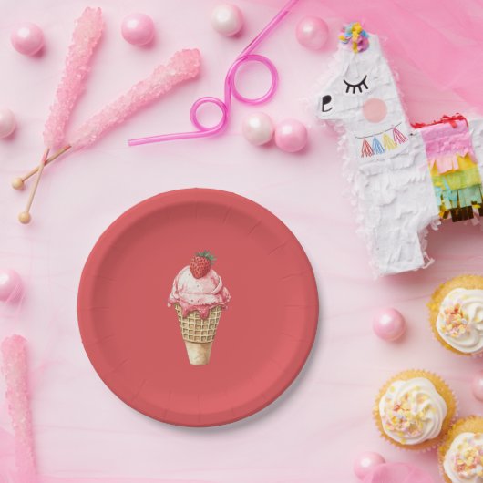 イチゴアイスクリームコーンの誕生日 ペーパープレート (パーティー)