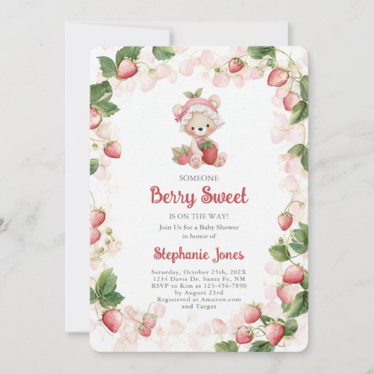 イチゴクマ赤ちゃんシャワー女の子Inv 招待状 (正面)
