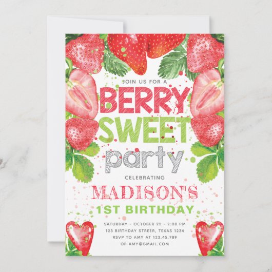 イチゴテーマ誕生日かわいい 招待状 (正面)