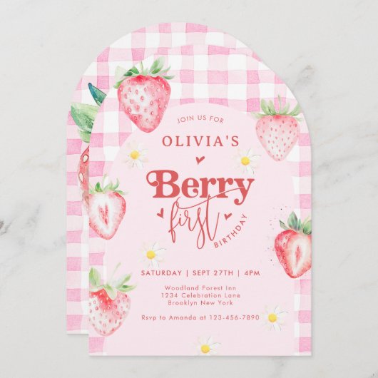 イチゴデイジーベリーファーストフォトアーチ誕生日 招待状 (正面/裏面)