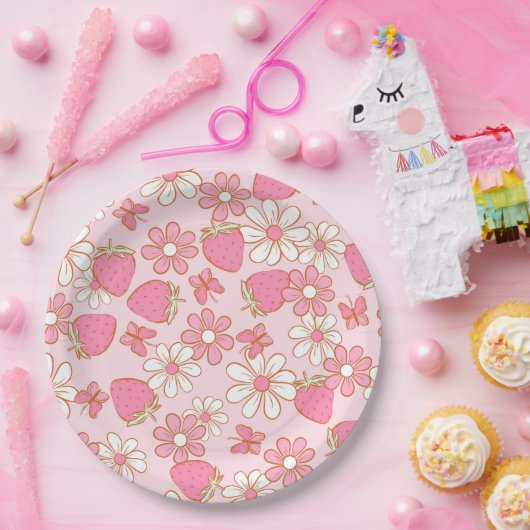イチゴデイジー模様 ペーパープレート (パーティー)
