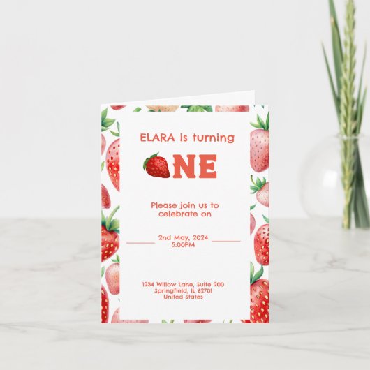 イチゴフレームパターン付き誕生日 招待状 (正面)