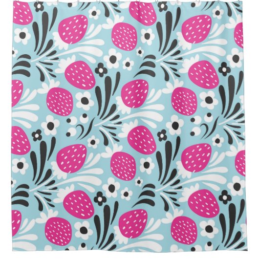 イチゴフローラ：ピンクベリーシームレス。 シャワーカーテン (正面)