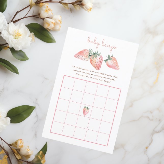 イチゴベビービンゴゲームベリースイートベビーシャワー (berry sweet baby shower bingo game with pink coquette watercolor strawberries)