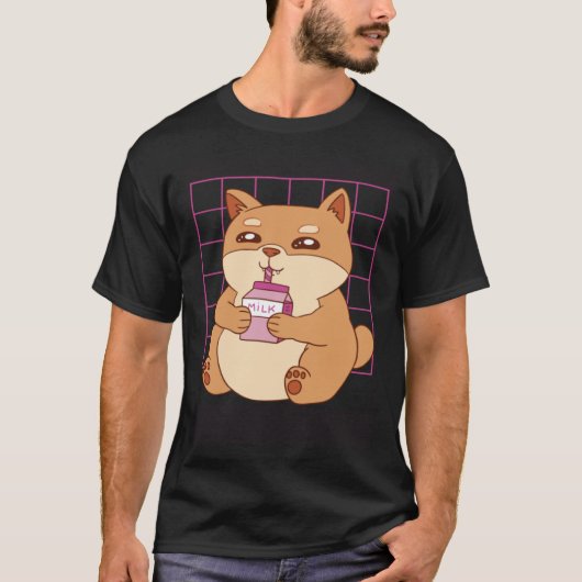 イチゴミルクを飲む猫 Tシャツ (正面)