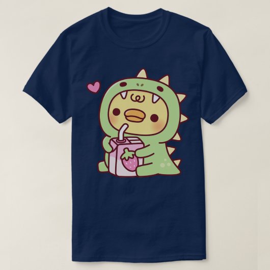 イチゴ乳入りの可愛い恐竜の衣装のアヒル Tシャツ (デザイン正面)