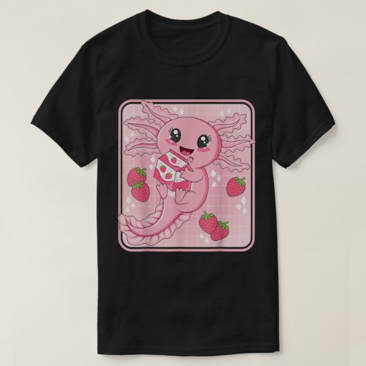イチゴ日本のミルクアニメピンクかわいいアクソロトル Tシャツ (デザイン正面)