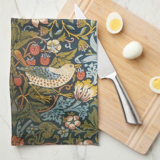 イチゴ泥棒ウイリアムモリスアンティークパターン キッチンタオル (四つ折り)