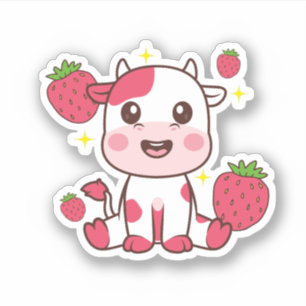 イチゴ牛、かわいい牛、ピンクの牛ペット シール